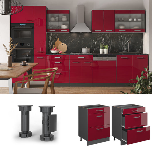 Vicco Mobiletto base per cucina Rosso lucido 60 cm con cassetti, senza piano di lavoro