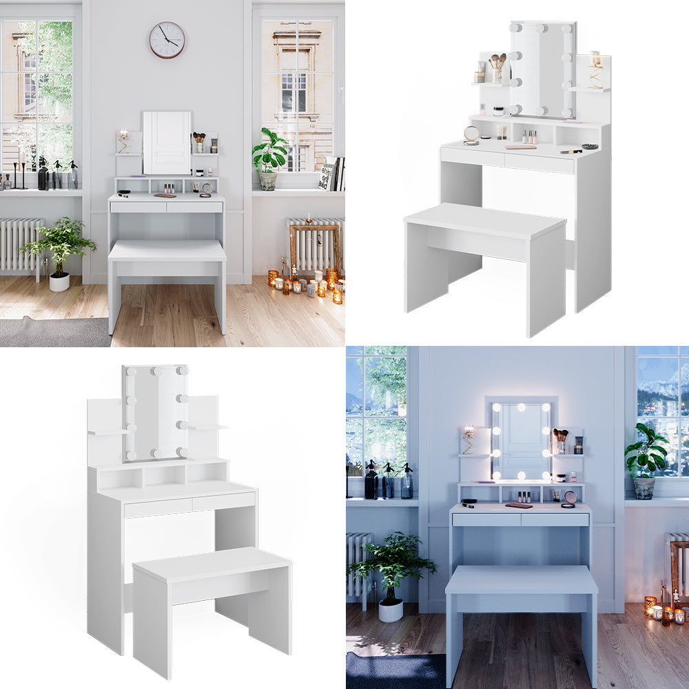 Vicco Tavolo da toeletta Bianco 80 cm con illuminazione a LED e panca