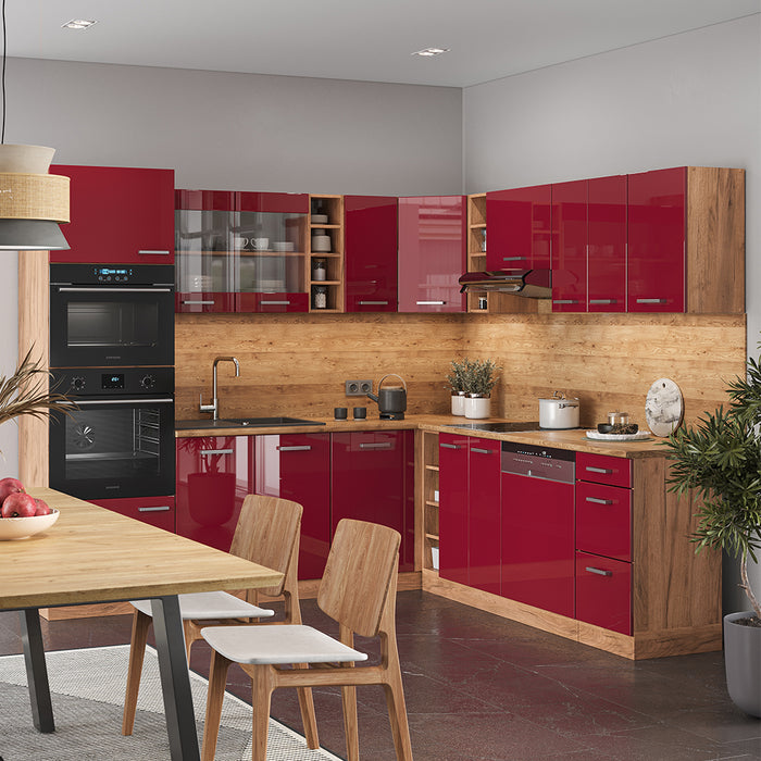 Vicco Cucina angolare completa Rosso lucido/rovere dorato 247 x 46 cm senza piano di lavoro