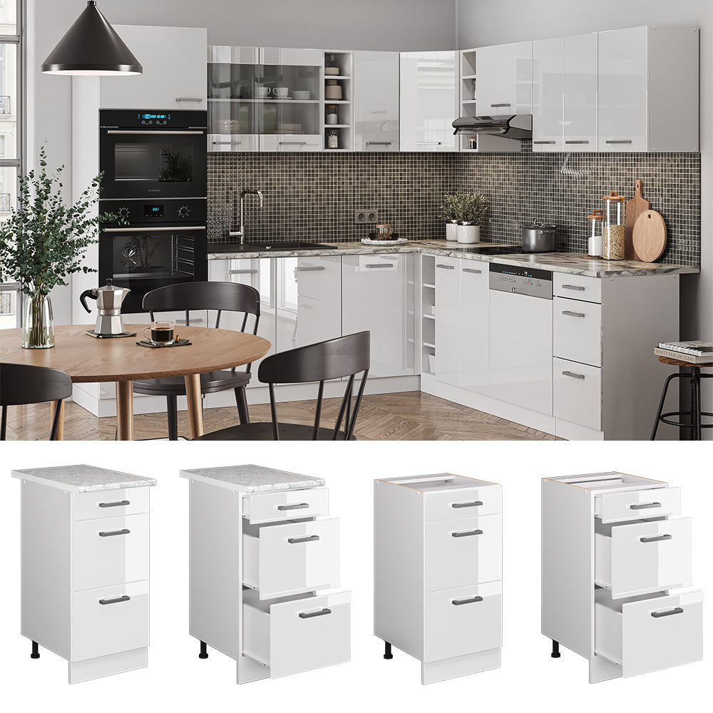 Vicco Mobiletto base per cucina Bianco lucido 40 cm con cassetti, senza piano di lavoro