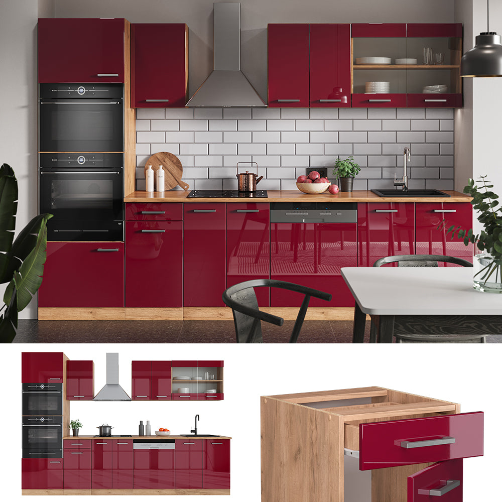Vicco Cucina componibile Rosso lucido/rovere dorato 300 cm con armadio alto, PL Rovere
