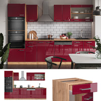 Vicco Cucina componibile Rosso lucido/rovere dorato 300 cm con armadio alto, PL Marmo