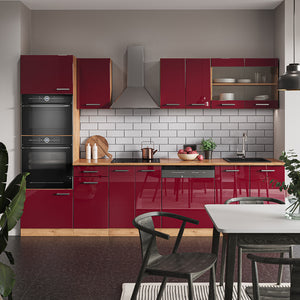 Vicco Cucina componibile Rosso lucido/rovere dorato 300 cm con armadio alto, PL Antracite