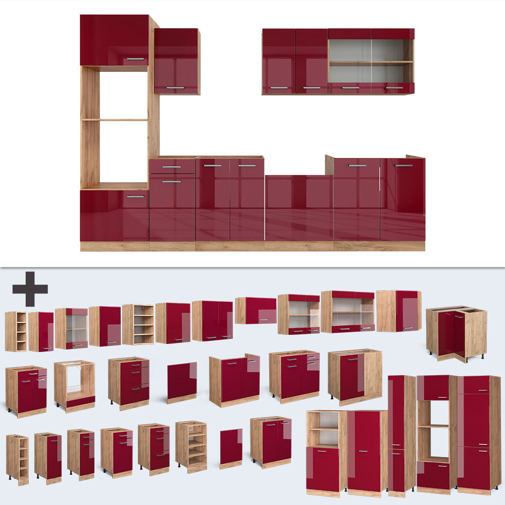 Vicco Cucina componibile Rosso lucido/rovere dorato 300 cm con armadio alto, senza piano di lavoro