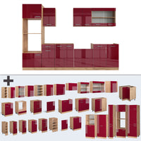 Vicco Cucina componibile Rosso lucido/rovere dorato 300 cm con armadio alto, senza piano di lavoro