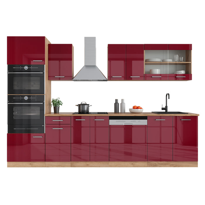 Vicco Cucina componibile Rosso lucido/rovere dorato 300 cm con armadio alto, PL Antracite