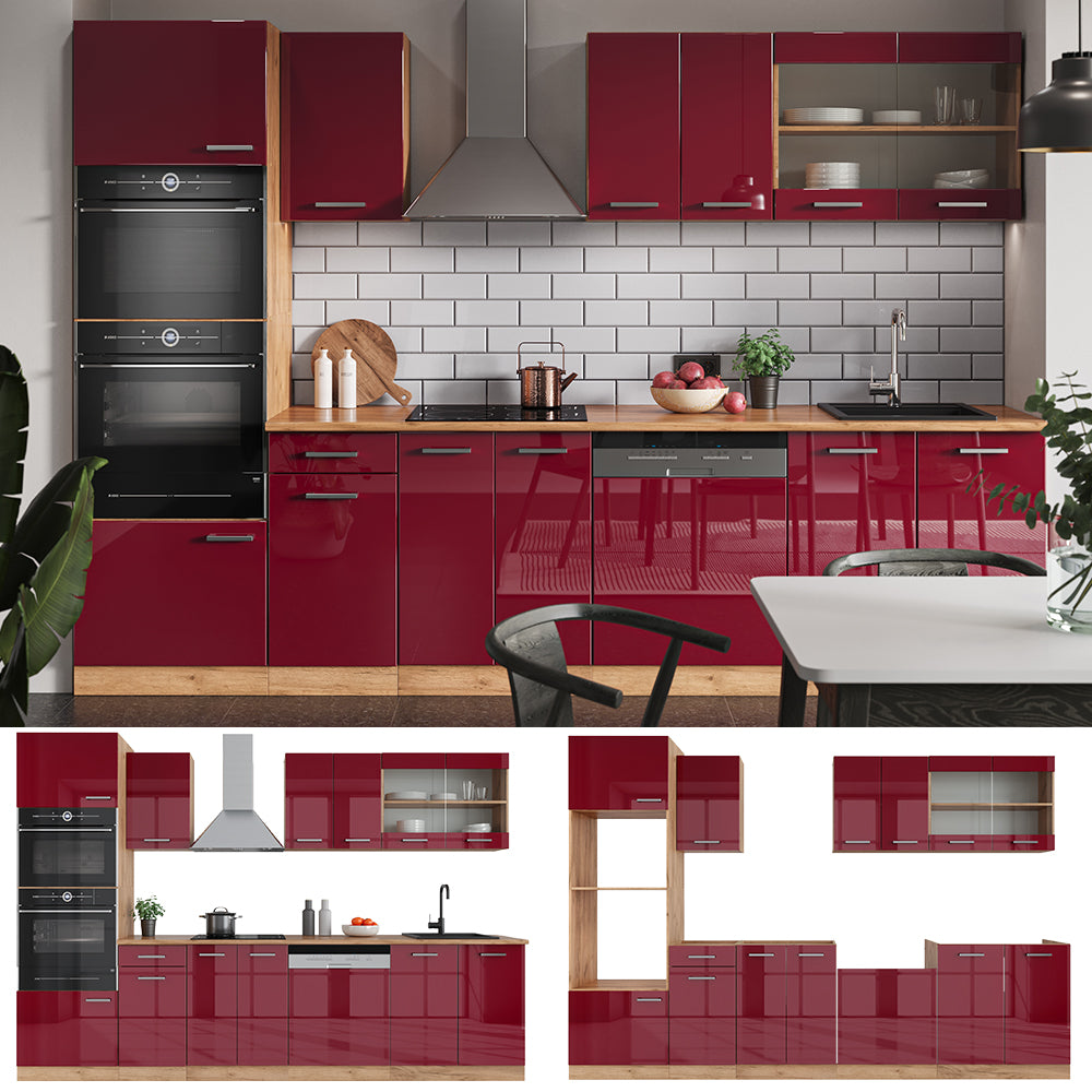 Vicco Cucina componibile Rosso lucido/rovere dorato 300 cm con armadio alto, PL Rovere