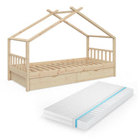 Vitalispa Letto montessori bambini Legno naturale 90x200 cm con 2 cassetti e materasso