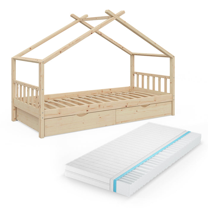 Vitalispa Letto montessori bambini Legno naturale 90x200 cm con 2 cassetti e materasso