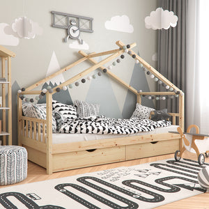 Vitalispa Letto montessori bambini Legno naturale 90x200 cm con 2 cassetti