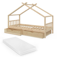 Vitalispa Letto montessori bambini Legno naturale 90x200 cm con 2 cassetti e materasso