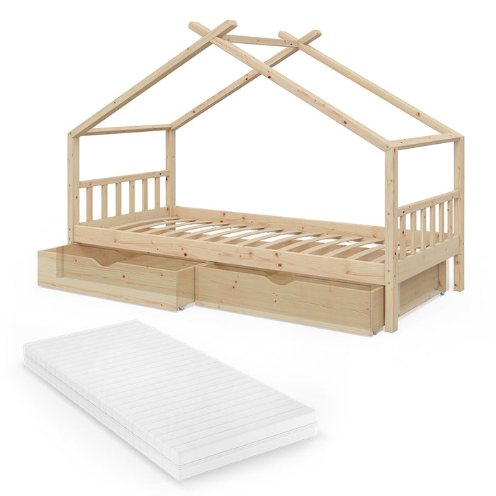 Vitalispa Letto montessori bambini Legno naturale 90x200 cm con 2 cassetti e materasso