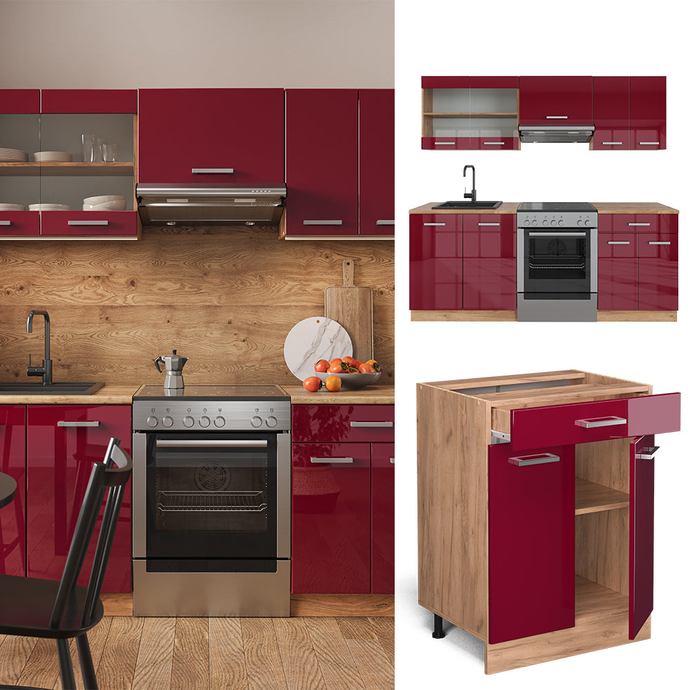 Vicco Cucina componibile Rosso lucido/rovere dorato 200 cm senza piano di lavoro
