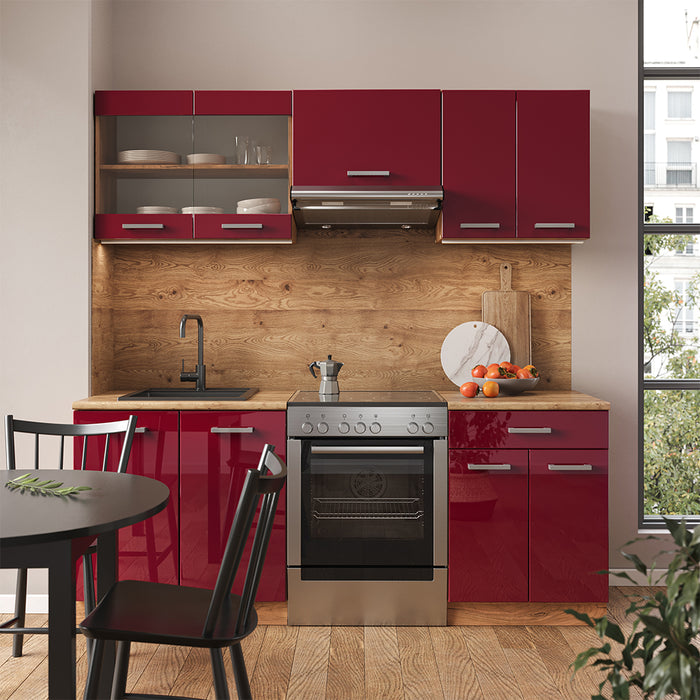 Vicco Cucina componibile Rosso lucido/rovere dorato 200 cm senza piano di lavoro