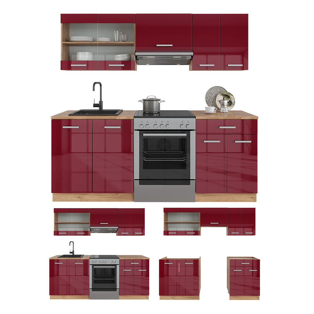 Vicco Cucina componibile Rosso lucido/rovere dorato 200 cm senza piano di lavoro