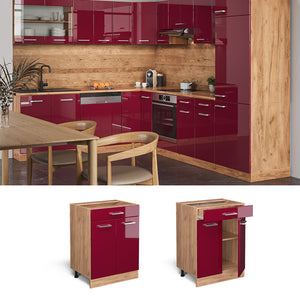 Vicco Mobiletto base per cucina Rosso lucido 60 cm con cassetto, PL Rovere