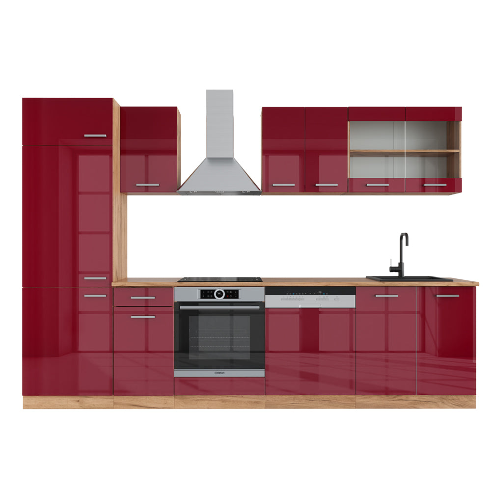 Vicco Cucina componibile Rosso lucido/rovere dorato 300 cm , PL Rovere