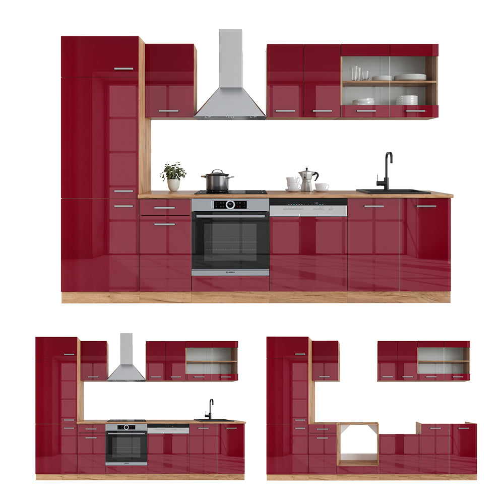 Vicco Cucina componibile Rosso lucido/rovere dorato 300 cm , PL Rovere