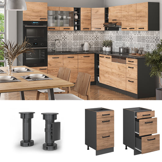 Vicco Mobiletto base per cucina Quercia dorata 40 cm con cassetti, senza piano di lavoro