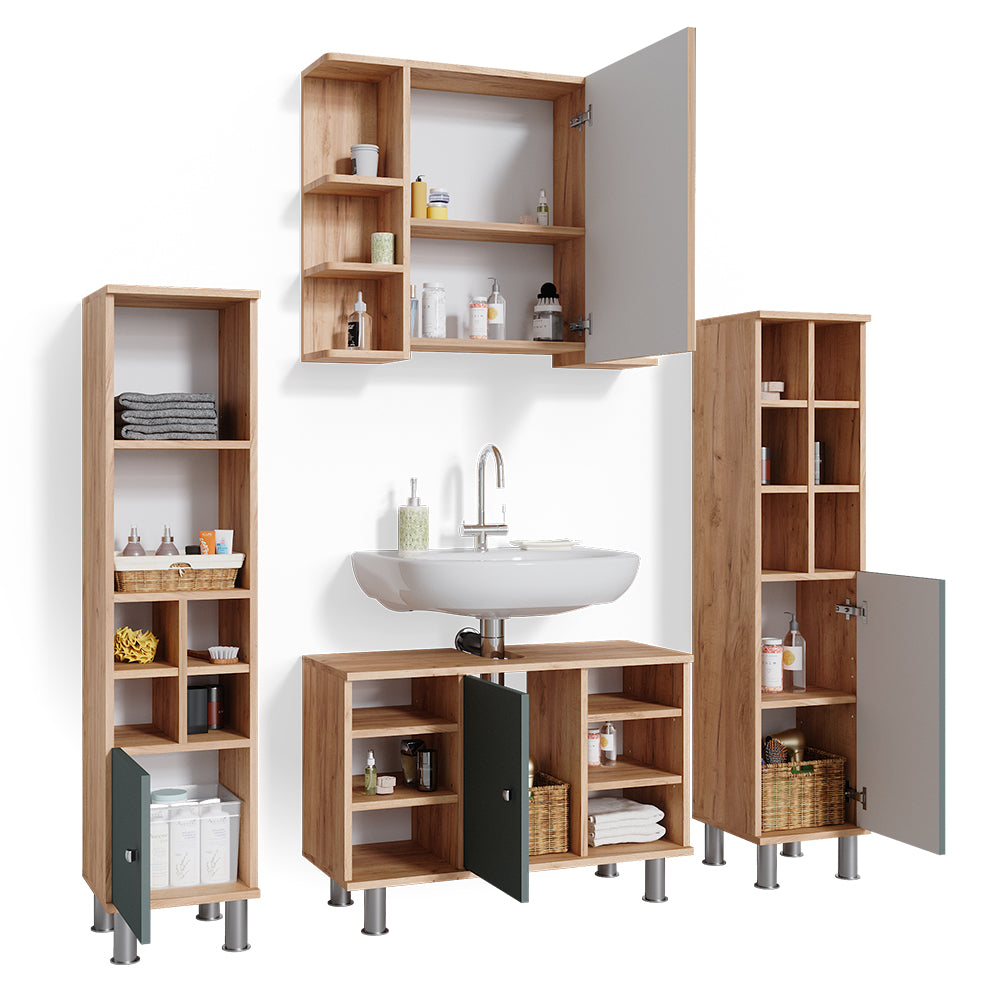 Vicco Set mobili bagno Verde 4 parti, con armadio alto