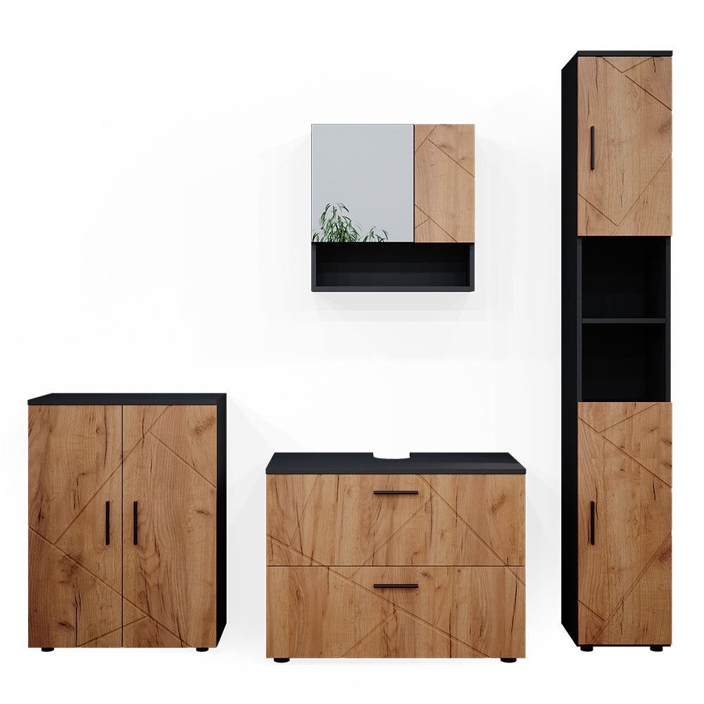 Vicco Set mobili bagno Quercia dorata/antracite 4 pezzi, con cassettiera e mobile midi