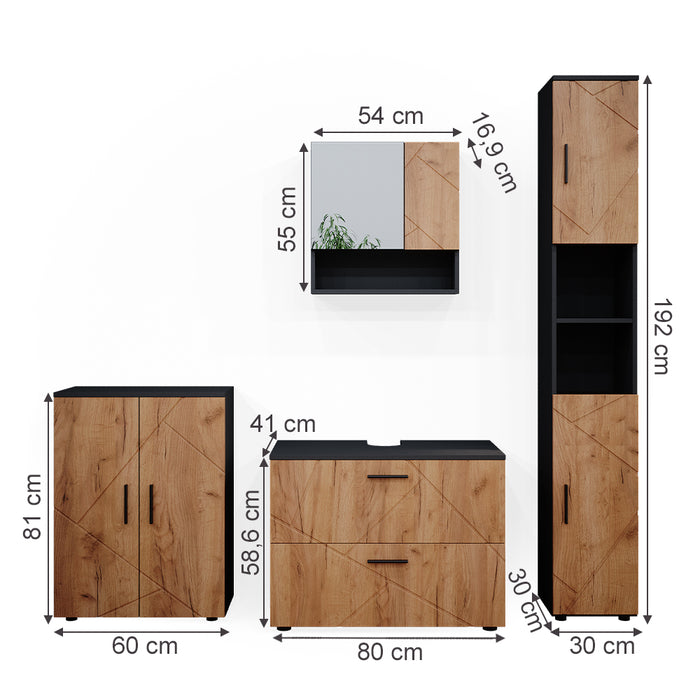 Vicco Set mobili bagno Quercia dorata/antracite 4 pezzi, con cassettiera e mobile midi
