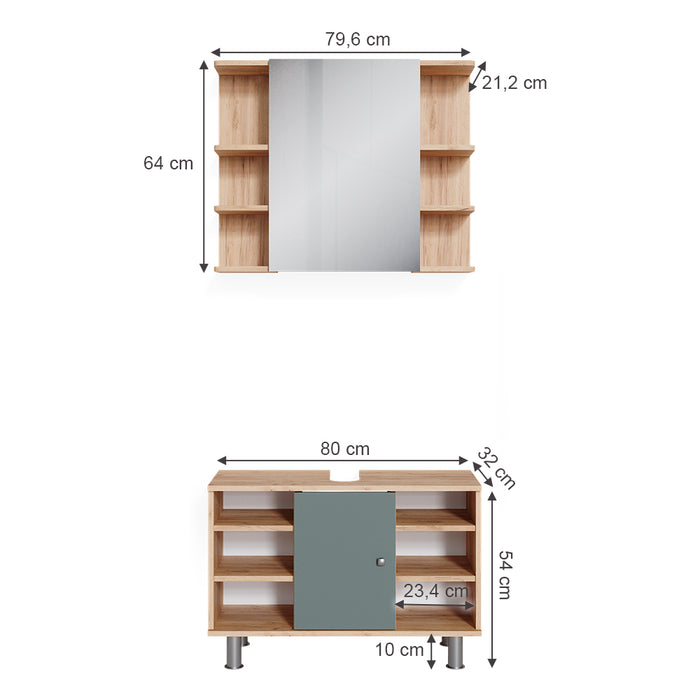 Vicco Set mobili bagno Verde 2 parti, mobile base 80 cm