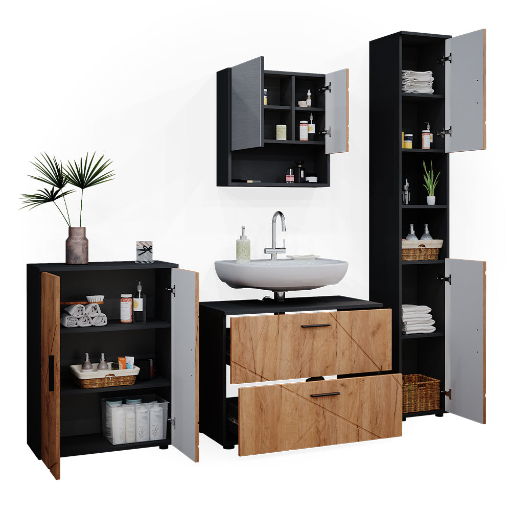 Vicco Set mobili bagno Quercia dorata/antracite 4 pezzi, con cassettiera e mobile midi