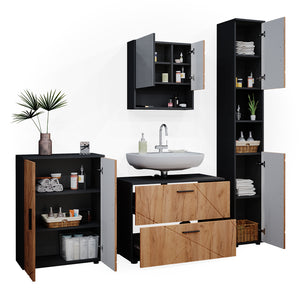 Vicco Set mobili bagno Quercia dorata/antracite 4 pezzi, con cassettiera e mobile midi