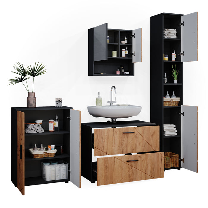 Vicco Set mobili bagno Quercia dorata/antracite 4 pezzi, con cassettiera e mobile midi