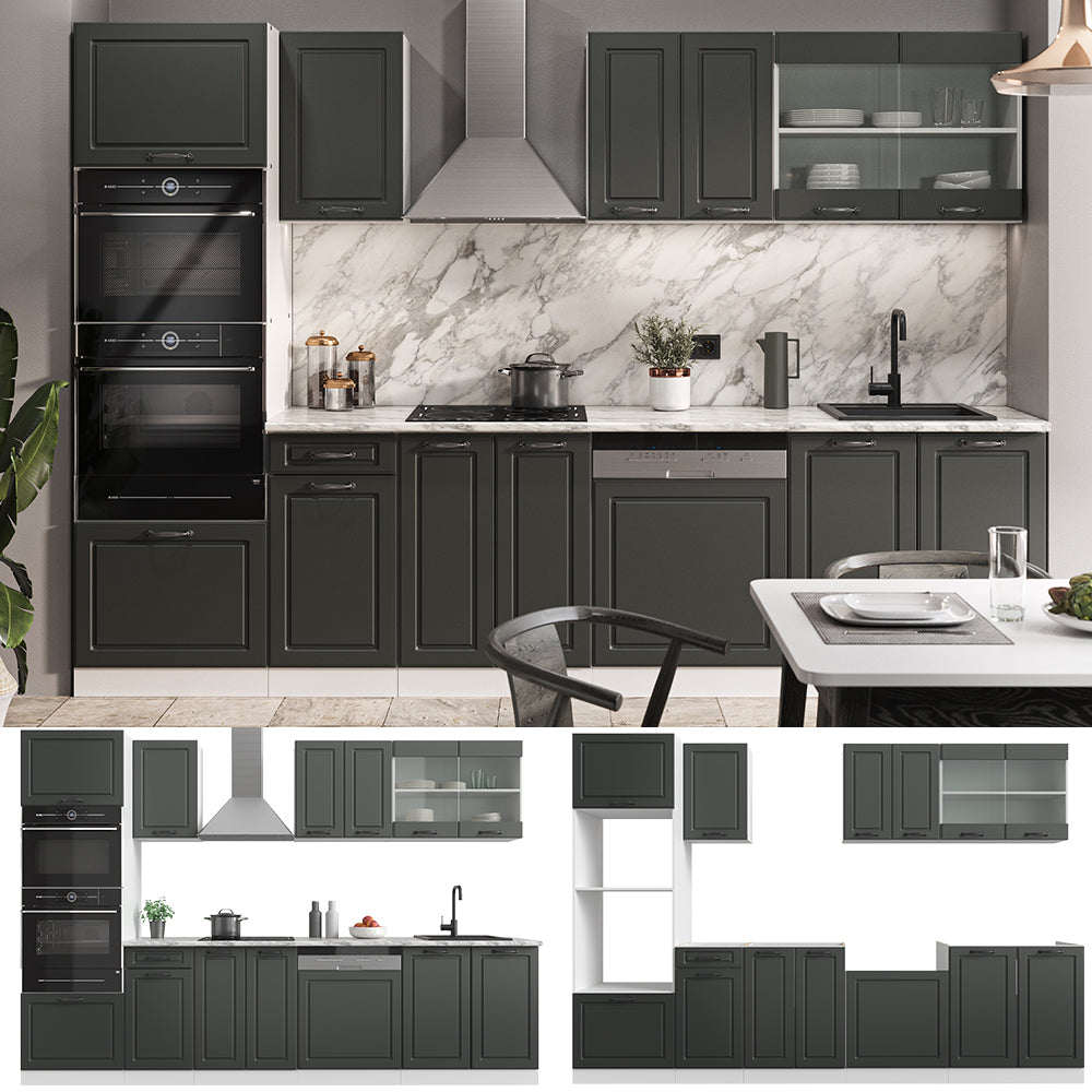 Vicco Cucina componibile Antracite casa di campagna/bianco 300 cm con armadio alto, PL Marmo