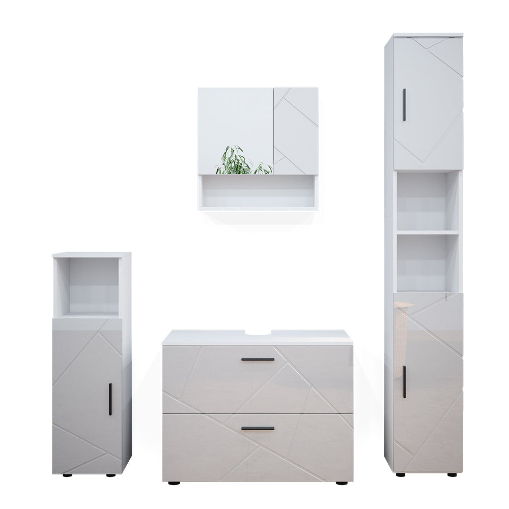 Vicco Set mobili bagno Bianco lucido 4 parti, con cassettiera e colonna