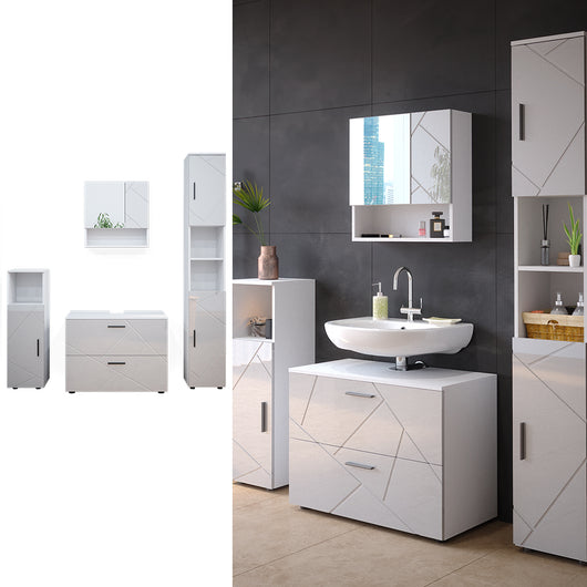 Vicco Set mobili bagno Bianco lucido 4 parti, con cassettiera e colonna