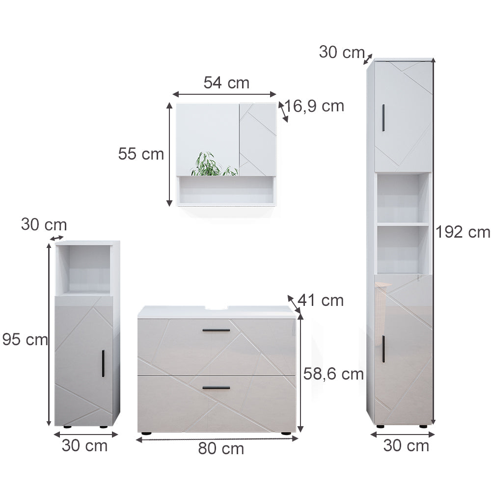 Vicco Set mobili bagno Bianco lucido 4 parti, con cassettiera e colonna