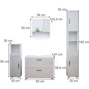 Vicco Set mobili bagno Bianco lucido 4 parti, con cassettiera e colonna