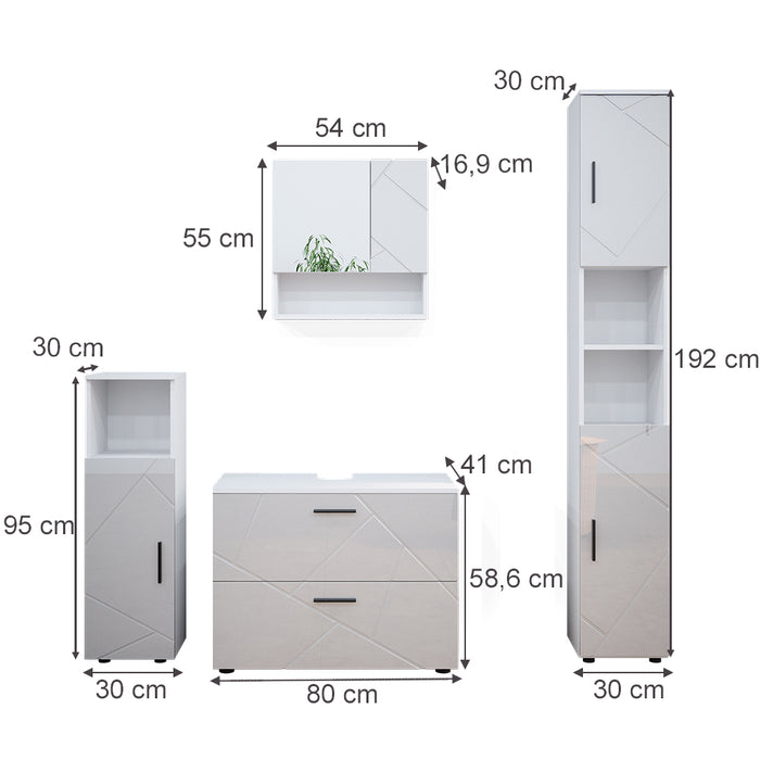 Vicco Set mobili bagno Bianco lucido 4 parti, con cassettiera e colonna