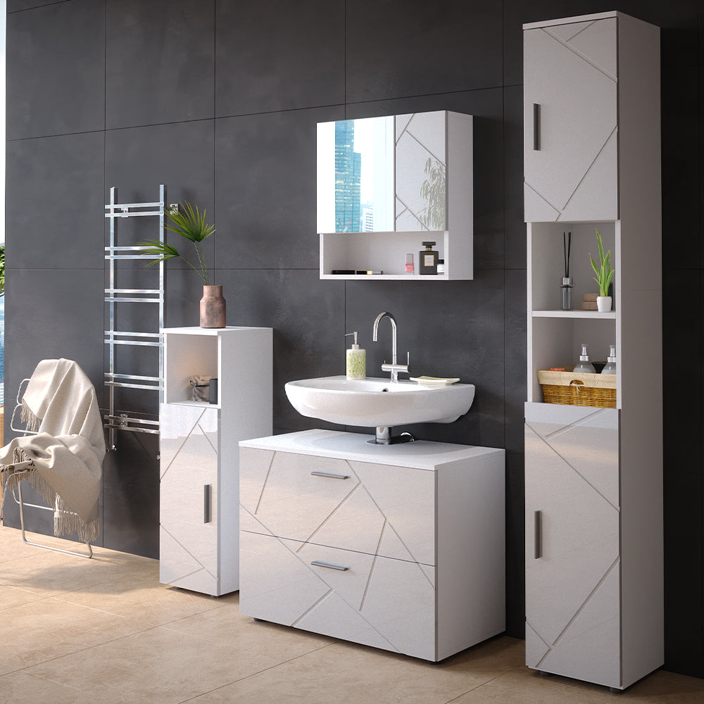 Vicco Set mobili bagno Bianco lucido 4 parti, con cassettiera e colonna