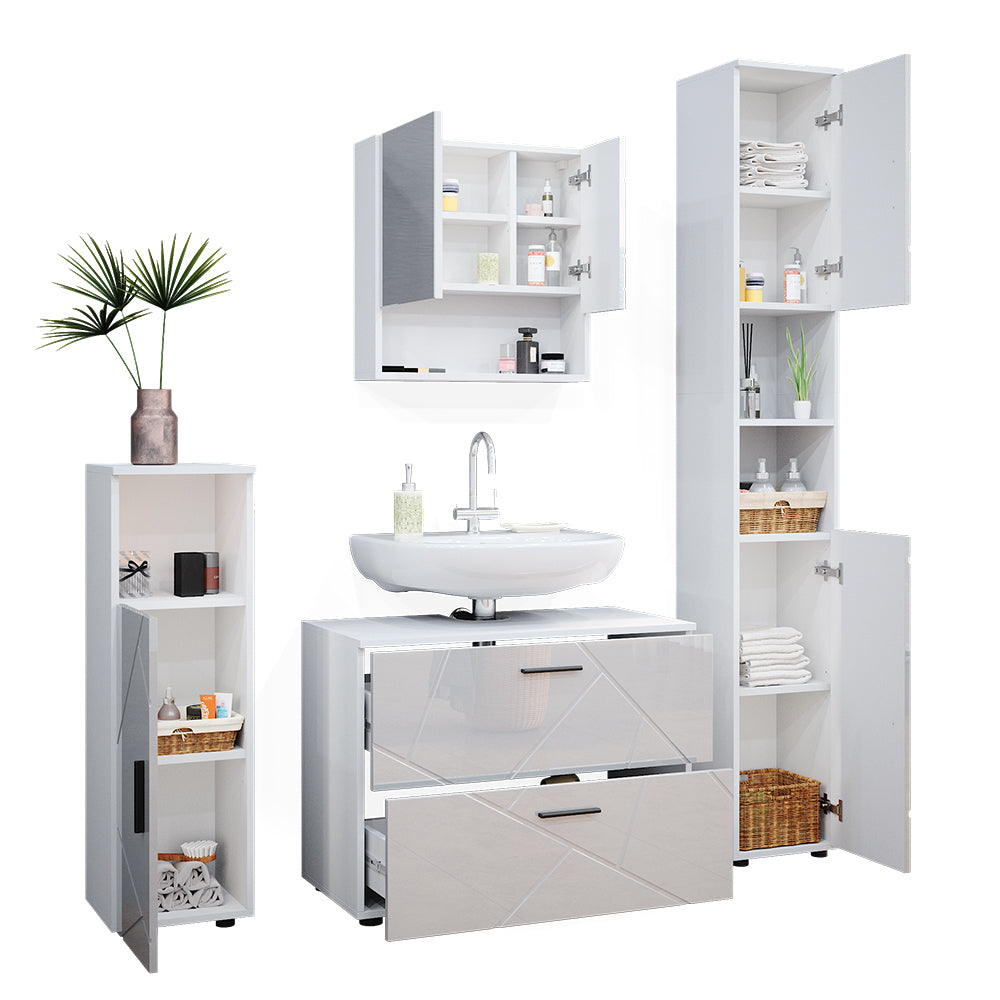 Vicco Set mobili bagno Bianco lucido 4 parti, con cassettiera e colonna