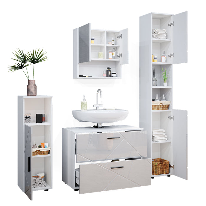 Vicco Set mobili bagno Bianco lucido 4 parti, con cassettiera e colonna
