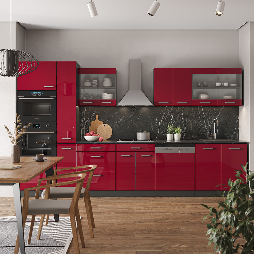 Vicco Cucina componibile Rosso lucido/antracite 350 cm con armadio alto, senza piano di lavoro