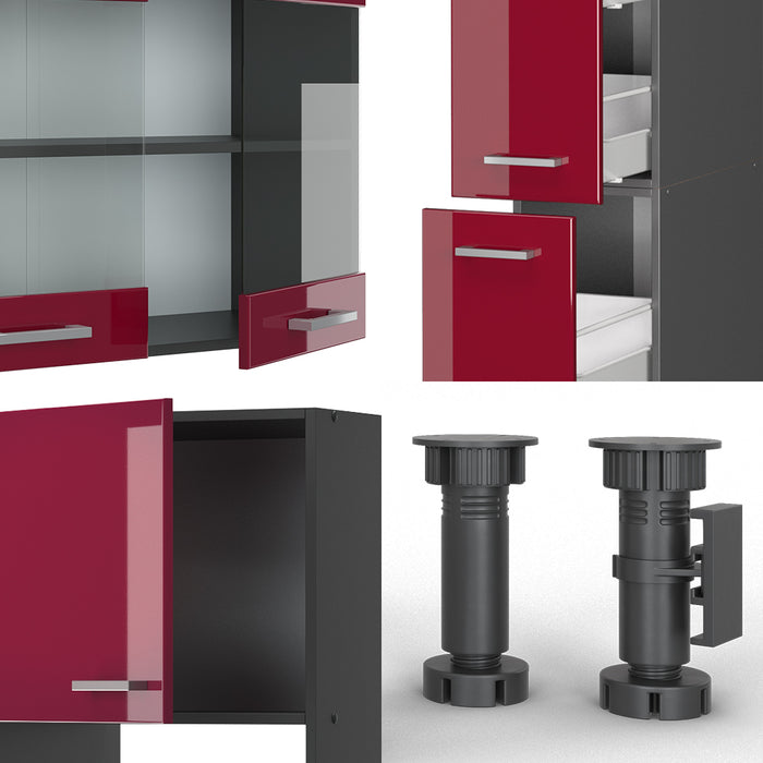 Vicco Cucina componibile Rosso lucido/antracite 350 cm con armadio alto, senza piano di lavoro