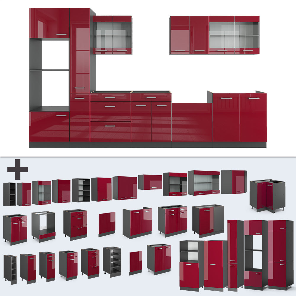 Vicco Cucina componibile Rosso lucido/antracite 350 cm con armadio alto, senza piano di lavoro