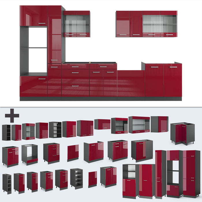 Vicco Cucina componibile Rosso lucido/antracite 350 cm con armadio alto, senza piano di lavoro