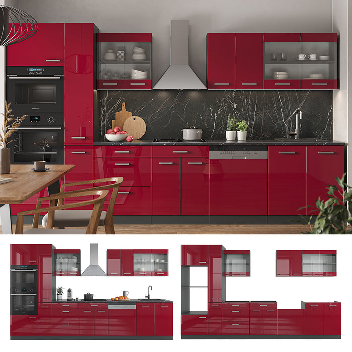 Vicco Cucina componibile Rosso lucido/antracite 350 cm con armadio alto, senza piano di lavoro
