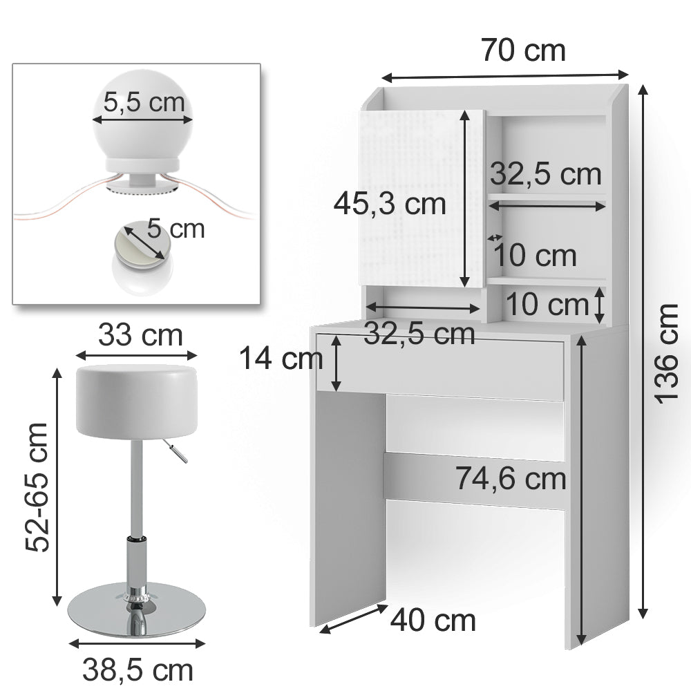 Vicco Tavolo da toeletta Bianco 70 cm con illuminazione LED e sgabello