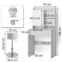Vicco Tavolo da toeletta Bianco 70 cm con illuminazione LED e sgabello