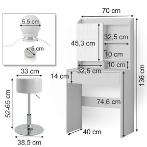 Vicco Tavolo da toeletta Bianco 70 cm con illuminazione LED e sgabello