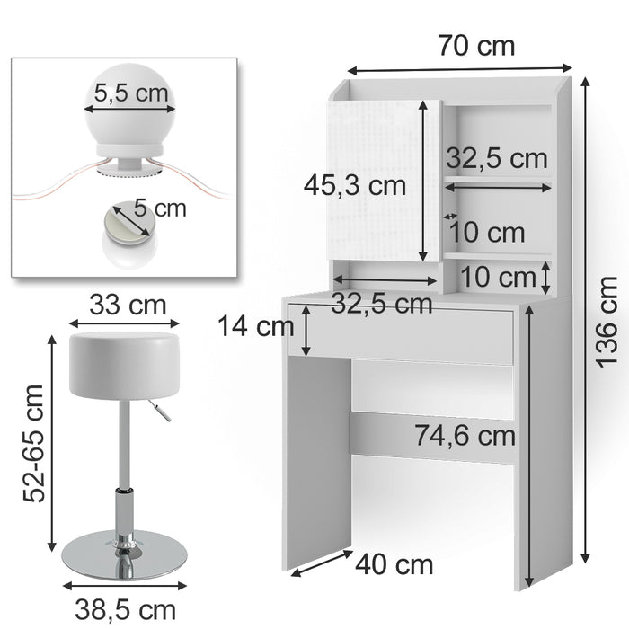 Vicco Tavolo da toeletta Bianco 70 cm con illuminazione LED e sgabello