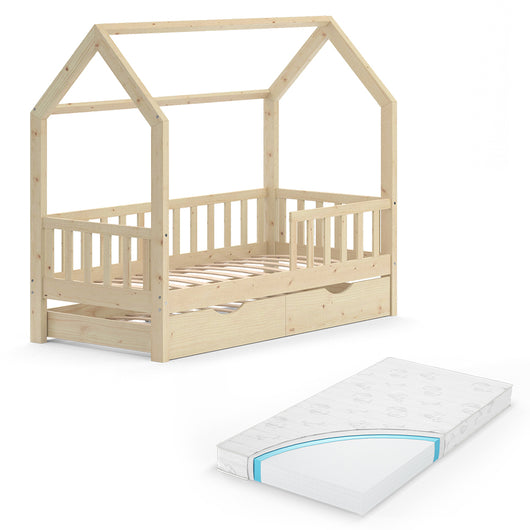 Vitalispa Letto montessori bambini Legno naturale 80x160 cm con letto per ospiti e materasso