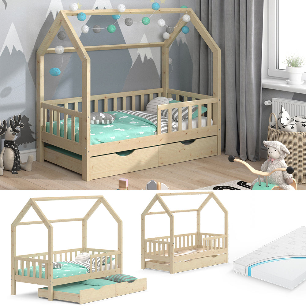 Vitalispa Letto montessori bambini Legno naturale 80x160 cm con letto per ospiti e materasso
